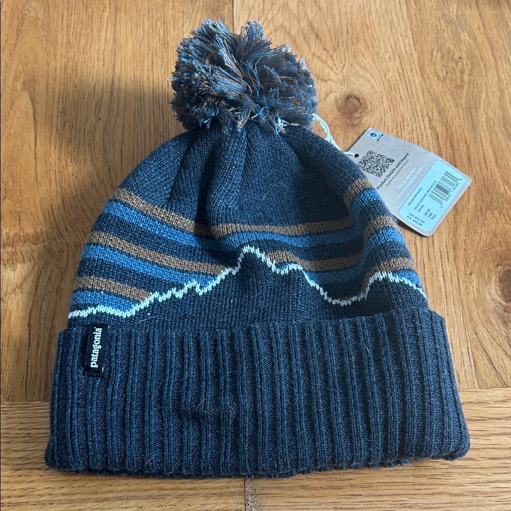 Patagonia Striped Navy and Brown Pom Beanie